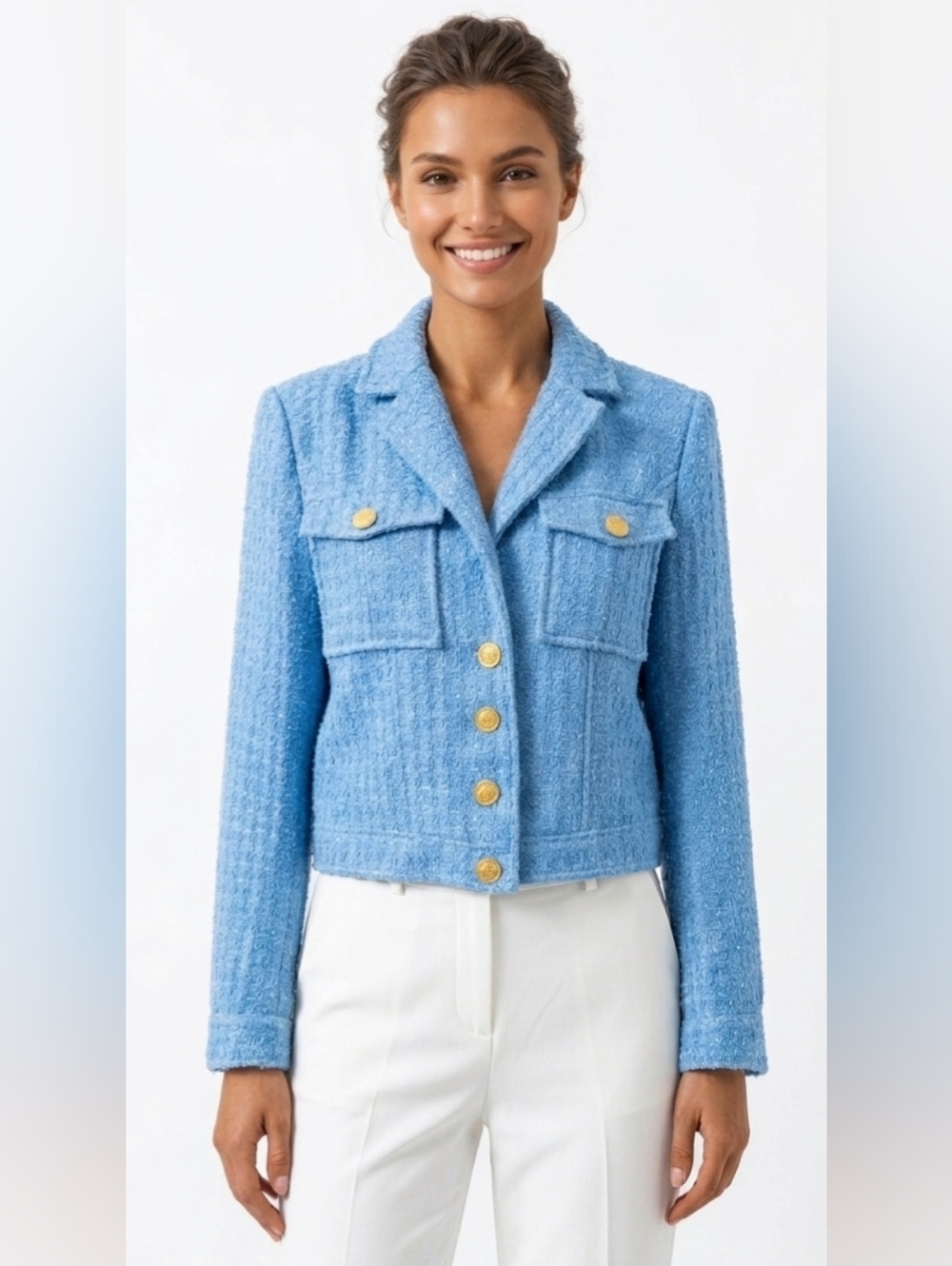 Aqua Light Blue Tweed Gold-Button Blazer Size S Like New